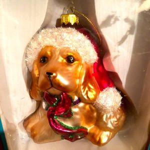 Christmas Blown Glass Ornament Cocker Spaniel Wearing Santa Hat
